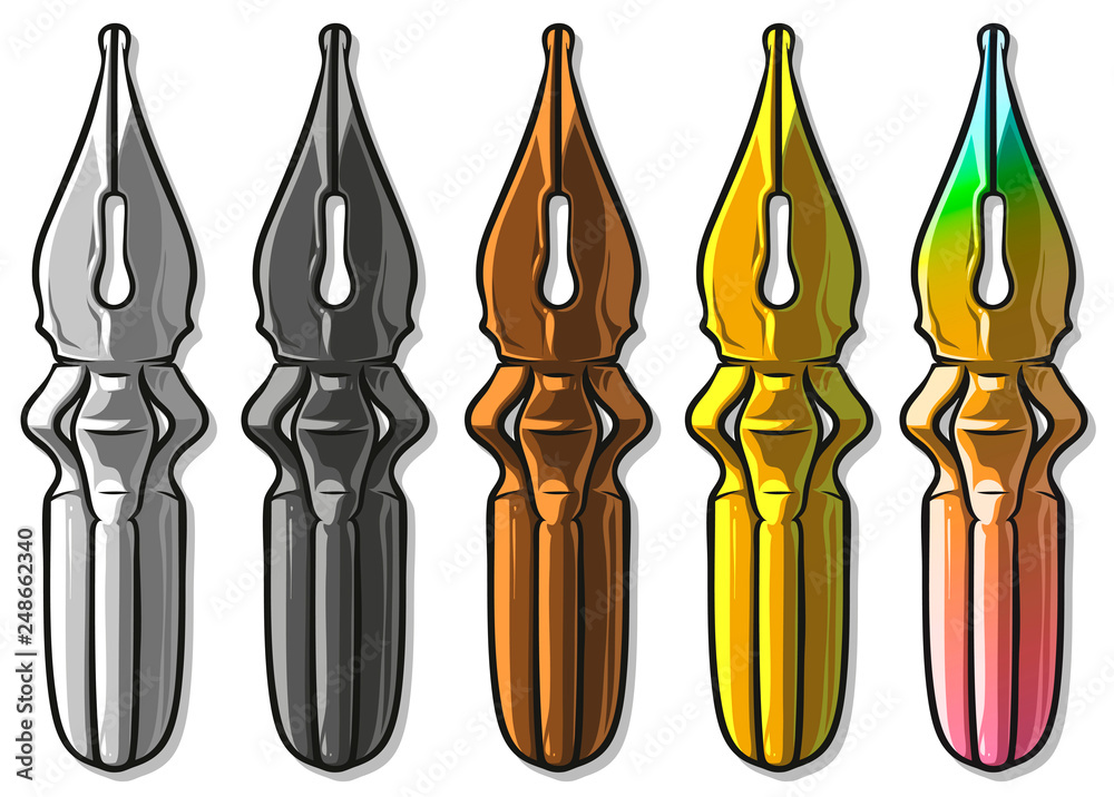 Cartoon different metal color retro antique ink pen. Isolated on white background. Vector icon set. Cartoon different metal color retro antique ink pen. Isolated on white background. Vector icon set.