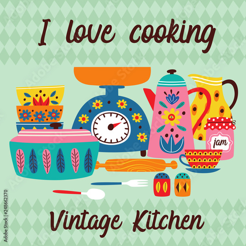 poster with vintage kitchen- vector illustration, eps