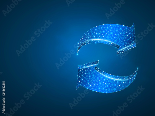 Refresh circular arrows symbol. Wireframe digital 3d illustration. Low poly, repeat, refresh button concept on blue background. Abstract Raster polygonal neon sign. RGB color mode