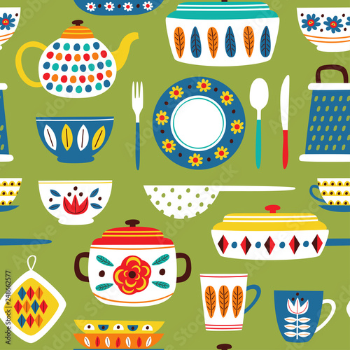 green seamless pattern with vintage kitchen - vector illustration, eps