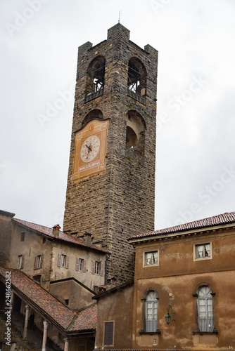 The civic tower of Bergamo, Italy. Also called "Campanone". 52 meters high offers a breathtaking panoramic view of the ancient city.