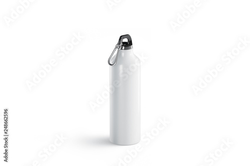 Blank white sport bottle mock up, isolated, side view, 3d rendering. Empty container for water mockup. Clear metal flask with beverage for bicycle clip template.