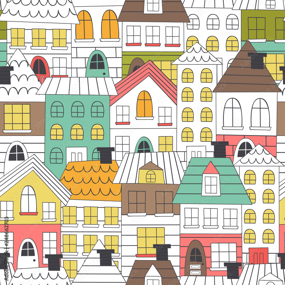 seamless pattern coloring houses - vector illustration, eps