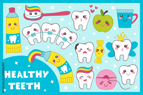 dental set with healthy teeth - vector illustration, eps