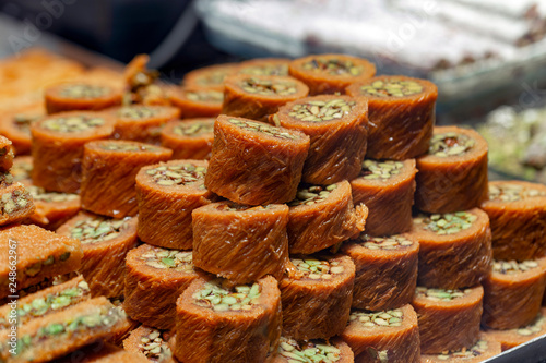 Baklava with pistachio, Turkish traditional dessert. Oriental sweets © Maksim