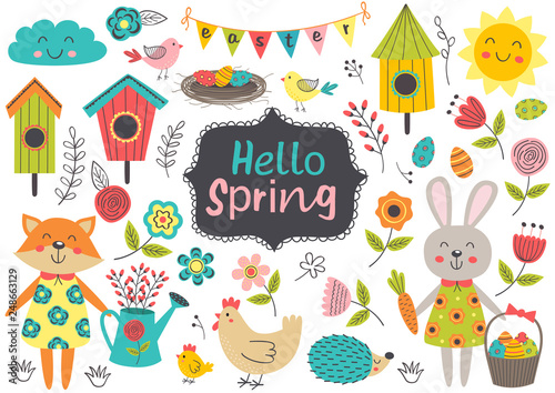 set of isolated spring elements and characters - vector illustration, eps
