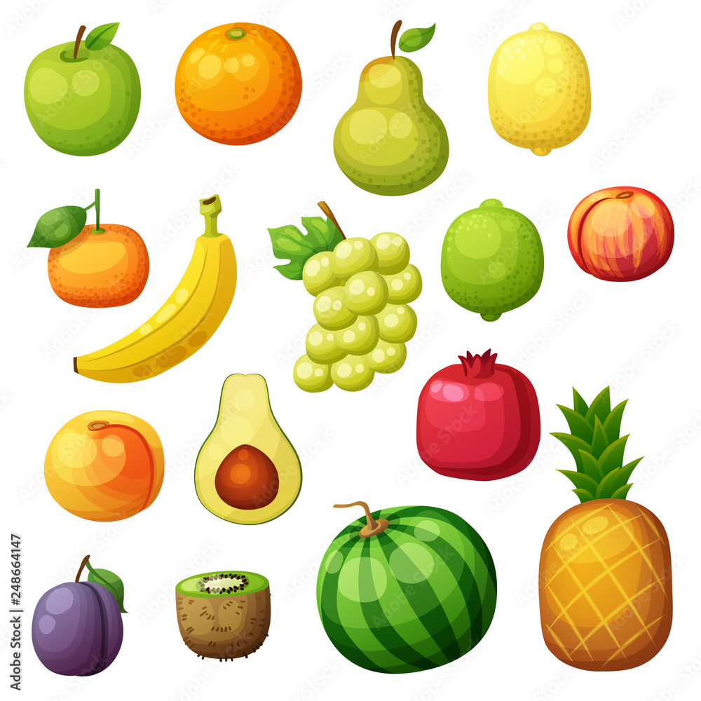 Fototapeta Cartoon fruits icons set isolated on white background. Vector illustration of apple, pear, lemon, grape, orange, kiwi, pomegranate, banana, tangerine, lime, pineapple, plum