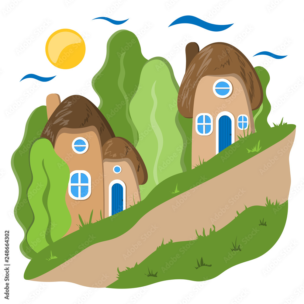 Cozy town is a small street with a sloping road. Illustration in flat style.