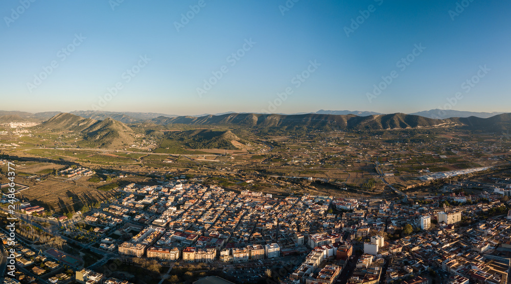 Aerial panoramic view of small town Canals in Spain.