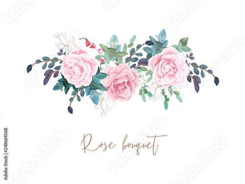 Decorative horizontal garland composition of pale roses, white spring flowers, eucalyptus and succulents. Light floral bouquet for wedding invitations and romantic cards. Hand drawn vector