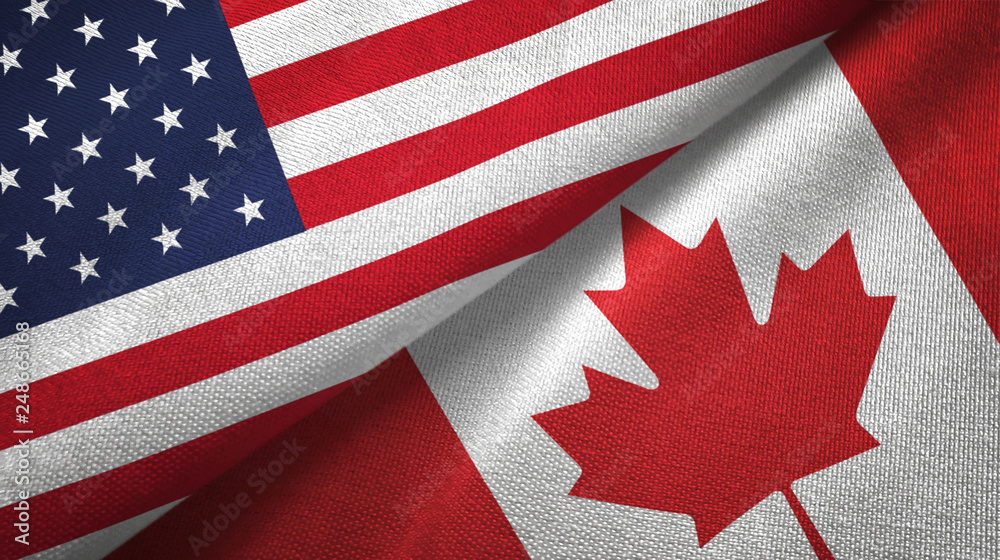 United States and Canada two flags textile cloth, fabric texture - obrazy, fototapety, plakaty 