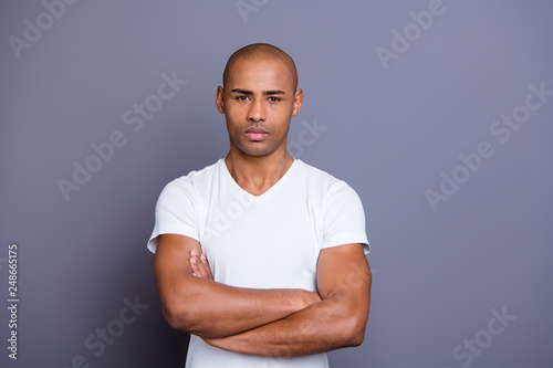 Photos Close up photo strong healthy masculine dark skin he him his macho bald head arm