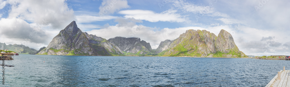 Panorama of the Reinefjord and the Vorfjord just outside Moskenes
