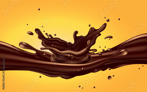 Background for advertising chocolate. A jet of liquid glossy chocolate with splashes on a yellow background. 3D vector. High detailed realistic illustration