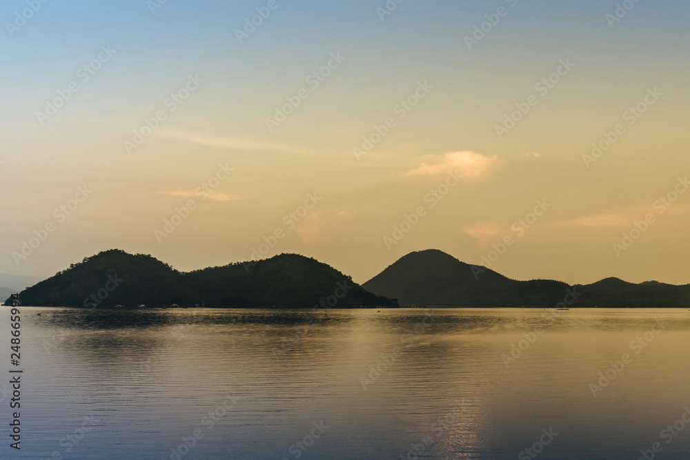 Scenery after sunset of Kwai Yai river at Srinagarind Dam in Kanchanaburi, Thailand