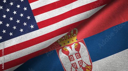 United States and Serbia two flags textile cloth, fabric texture