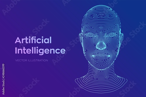 AI. Artificial intelligence concept. Ai digital brain. Abstract digital human face. Human head in robot digital computer interpretation. Robotics concept. Wireframe head concept. Vector illustration.