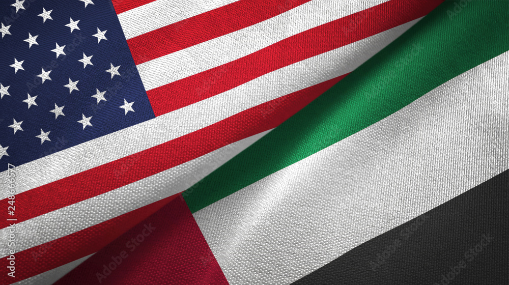 Obraz premium United States and United Arab Emirates two flags textile cloth, fabric texture