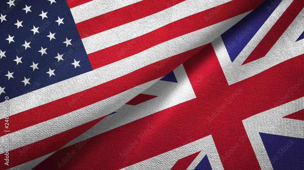 United States and United Kingdom two flags textile cloth, fabric texture - obrazy, fototapety, plakaty 