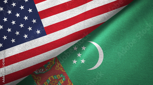 Fototapeta Naklejka Na Ścianę i Meble -  United States and Turkmenistan two flags textile cloth, fabric texture