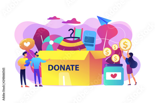 Volunteers collecting goods for charity into huge donation box and donating coins into jar. Donation, charity donation funds, gift in kind concept. Bright vibrant violet vector isolated illustration