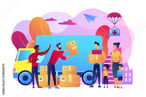 Team of volunteers giving help boxes to refuges and humanitarian aid van. Humanitarian aid, material assistance, governmental help concept. Bright vibrant violet vector isolated illustration