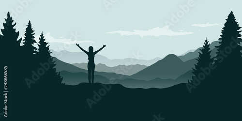 happy girl with raised arms at beautiful green mountain and forest landscape vector illustration EPS10