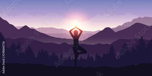 girl makes yoga tree figure in the mountain landscape view at sunrise vector illustration EPS10