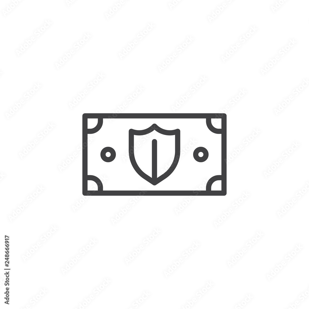 Money protection shield line icon. linear style sign for mobile concept and web design. Money bill with shield outline vector icon. Symbol, logo illustration. Pixel perfect vector graphics Money protection shield line icon. linear style sign for mobile concept and web design. Money bill with shield outline vector icon. Symbol, logo illustration. Pixel perfect vector graphics