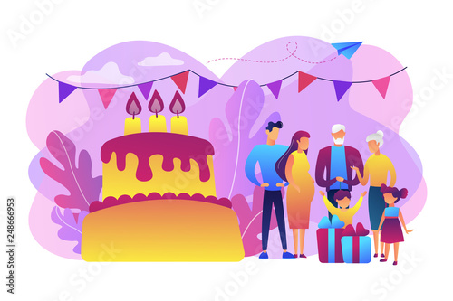 Parents, grandparents and children with presents at big cake with celebrating, tiny people. Family tradition, family reunion, home party concept. Bright vibrant violet vector isolated illustration