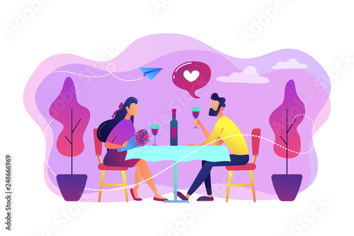 Happy couple in love on romantic date sitting at table and drinking wine, tiny people. Romantic date, romantic relationship, love story concept. Bright vibrant violet vector isolated illustration