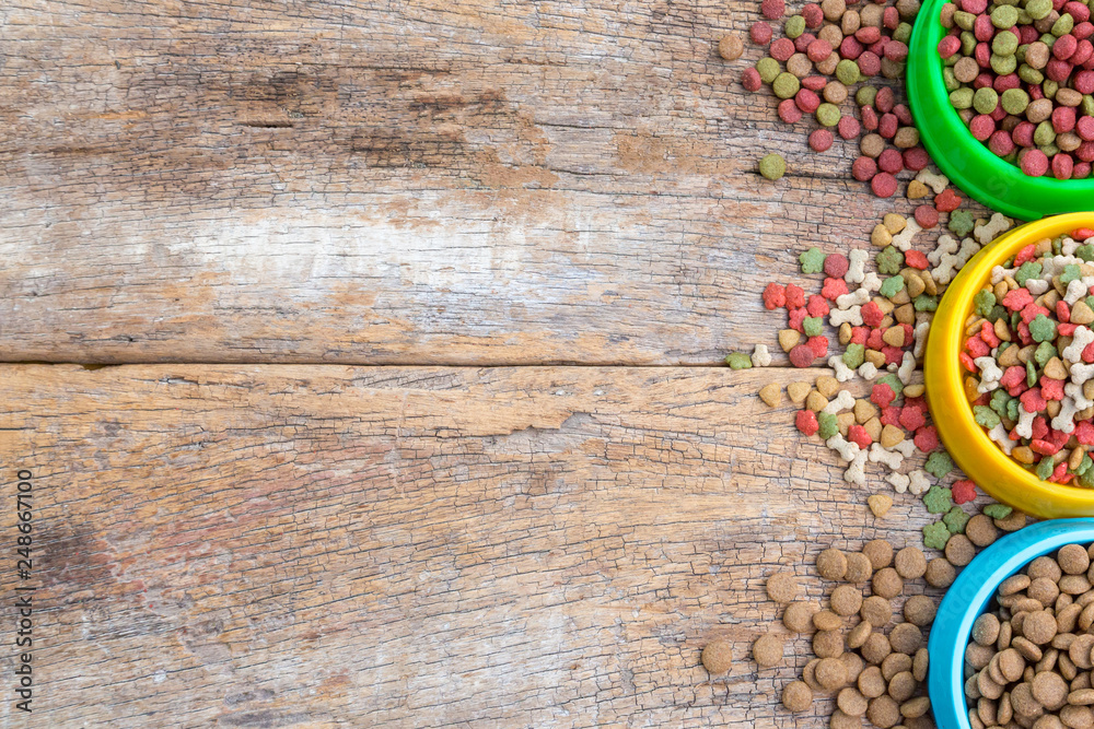 Colorfull of dry dog food on wooden background. Pet food concept.