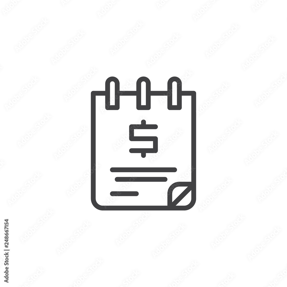 Money notebook line icon. linear style sign for mobile concept and web design. Dollar notepad outline vector icon. Bank and finance symbol, logo illustration. Pixel perfect vector graphics Money notebook line icon. linear style sign for mobile concept and web design. Dollar notepad outline vector icon. Bank and finance symbol, logo illustration. Pixel perfect vector graphics