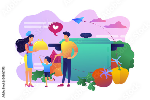 Tiny people family waiting for wife in apron cook tasty food and big pot, vegetables. Home cooking, home foods recipes, family time activity concept. Bright vibrant violet vector isolated illustration