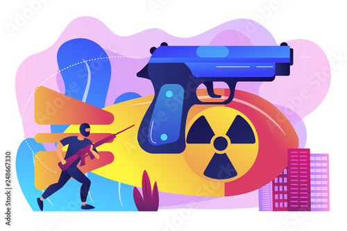 Armed terrorist in mask with nuclear bomb and weapon in city. International terrorism, terrorist groups, counter terrorist operation concept. Bright vibrant violet vector isolated illustration