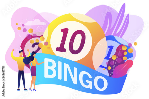 Businessman and woman winners and bingo lottery balls with lucky numbers, tiny people. Lottery money game, lucky raffle ticket, bingo game concept. Bright vibrant violet vector isolated illustration