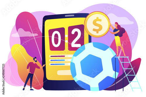 Tiny people, businessman betting on football and bookmaker at big smartphone with score. Sports betting, bookmaker market, sports wagering concept. Bright vibrant violet vector isolated illustration