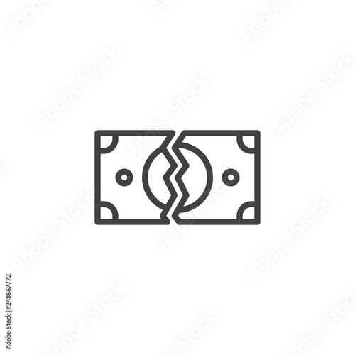 Tearing money banknote line icon. linear style sign for mobile concept and web design. Money Torn outline vector icon. Broken Bills symbol, logo illustration. Pixel perfect vector graphics