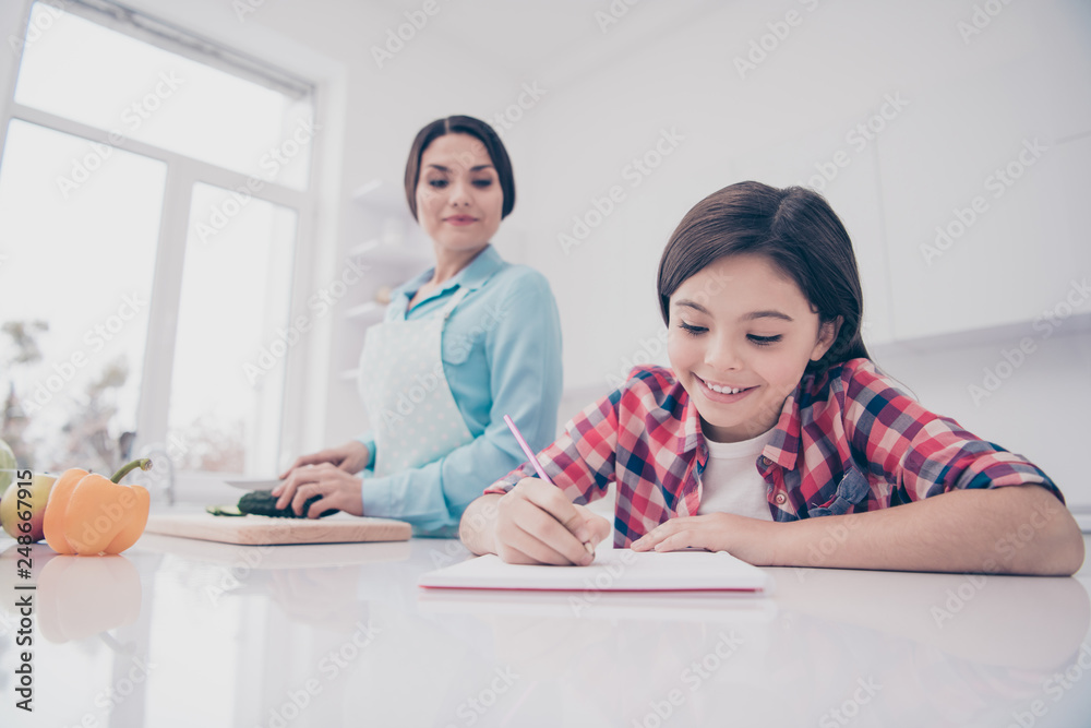 Portrait of two nice cute lovely winsome attractive charming cheerful cheery dreamy people mature mum making healthy lunch girl doing classes in light white kitchen interior indoors Portrait of two nice cute lovely winsome attractive charming cheerful cheery dreamy people mature mum making healthy lunch girl doing classes in light white kitchen interior indoors