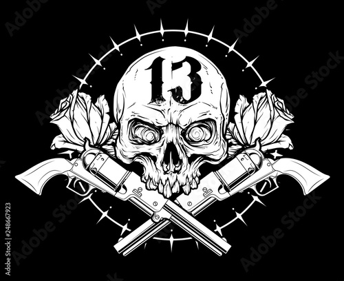 Detailed graphic realistic white human skull with crossed revolvers and rose bud . On black background. Vector icon.