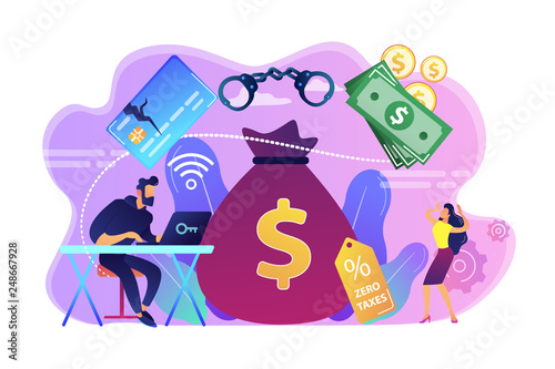 Hacker at laptop commiting financial fraud and stealing huge bag with money. Financial crime, money laundering, black market goods concept. Bright vibrant violet vector isolated illustration
