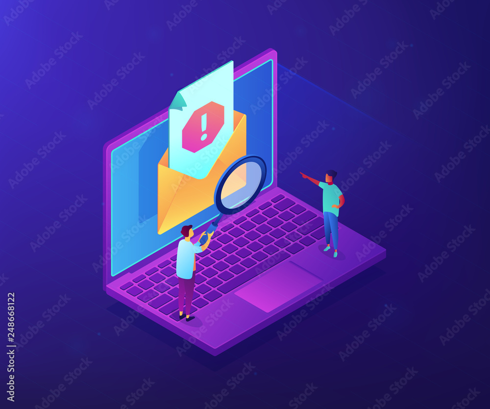 Tiny people businessmen with magnifier get advertising, malware unsolicited messages. Spam, unsolicited messages, malware spreading concept. Ultraviolet neon vector isometric 3D illustration.