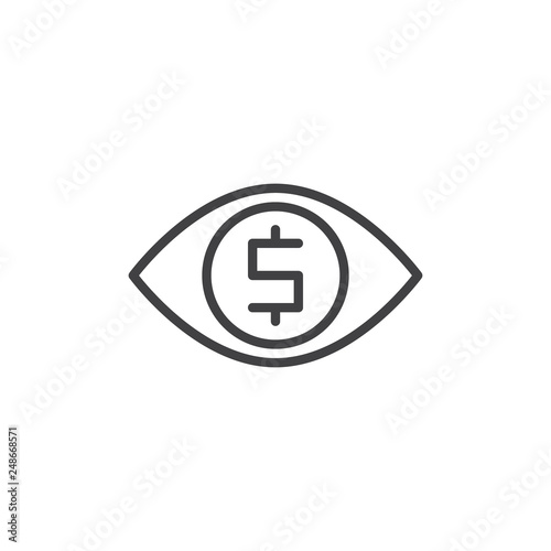 Money viewer line icon. linear style sign for mobile concept and web design. Human eye with dollar outline vector icon. Symbol, logo illustration. Pixel perfect vector graphics