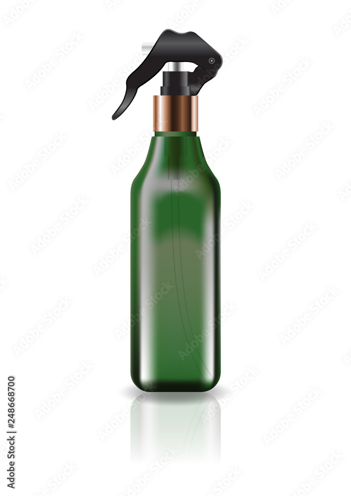 Blank green cosmetic square bottle with spray head for beauty or healthy product. Isolated on white background with reflection shadow. Ready to use for package design. Vector illustration. Blank green cosmetic square bottle with spray head for beauty or healthy product. Isolated on white background with reflection shadow. Ready to use for package design. Vector illustration.