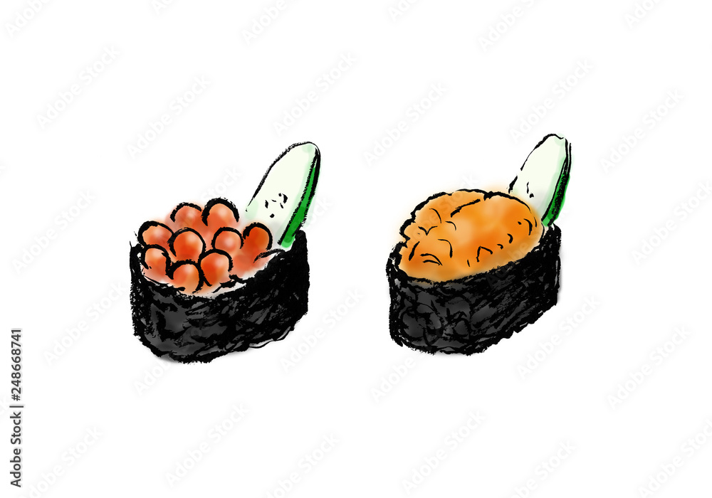 寿司 イクラ ウニ いくら 雲丹 軍艦巻き 手描き 手書き Stock イラスト Adobe Stock