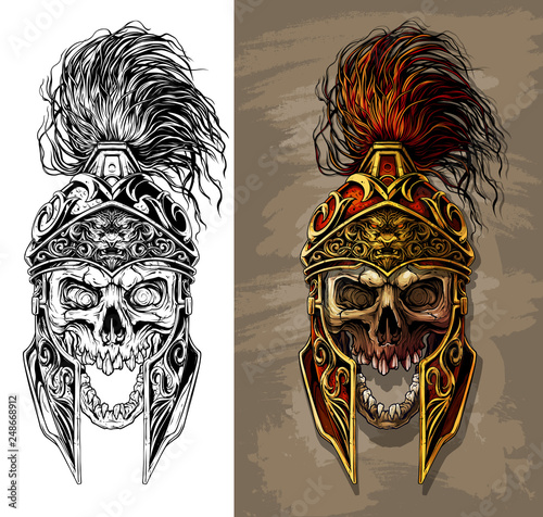 Detailed graphic realistic human skull in ancient metal ornate warrior helmet with golden lion face. On gray background. Vector icon set.