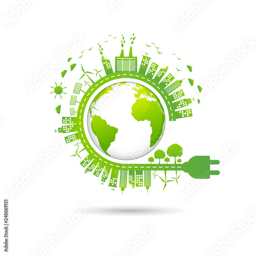 Ecology concept with green city for world environment day and sustainable development concept, vector illustration