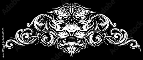 Graphic detailed decorative white lion head with ornate. On black background. Vector icon.