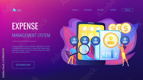 Specialists manage mobile expenses. Mobile expense management, expense management system, mobile device management and mobile network concept. Website vibrant violet landing web page template.