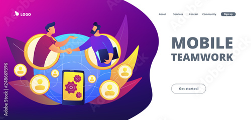 Businessmen handshaking through smartphone. Mobile collaboration, collaborative tools and mobile teamwork, mobile and innovative networking concept. Website vibrant violet landing web page template.